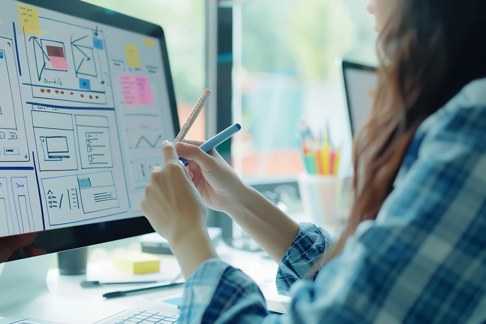 디자이너가 홈페이지 화면 구성과 정보 구조를 검토하는 장면