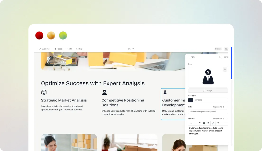 Durable AI 홈페이지 제작 툴 화면, 자동으로 문구와 섹션을 생성하는 인터페이스 모습