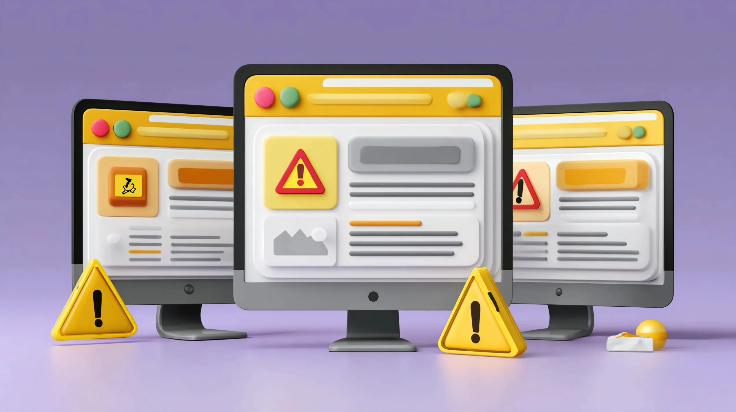 오류 경고가 표시된 웹사이트 화면, 안정성이 부족한 AI 생성 웹페이지를 상징하는 이미지