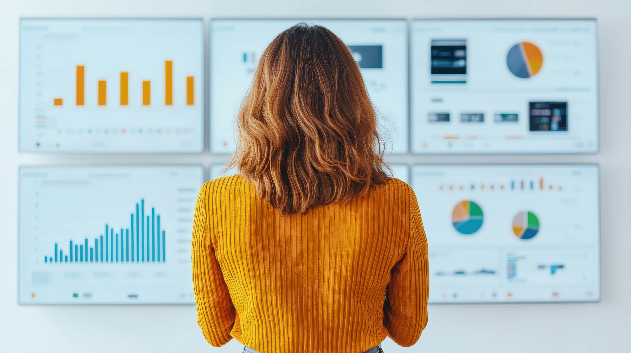 데이터 대시보드를 바라보는 사람의 뒷모습, ROI와 전환 데이터를 분석하는 장면