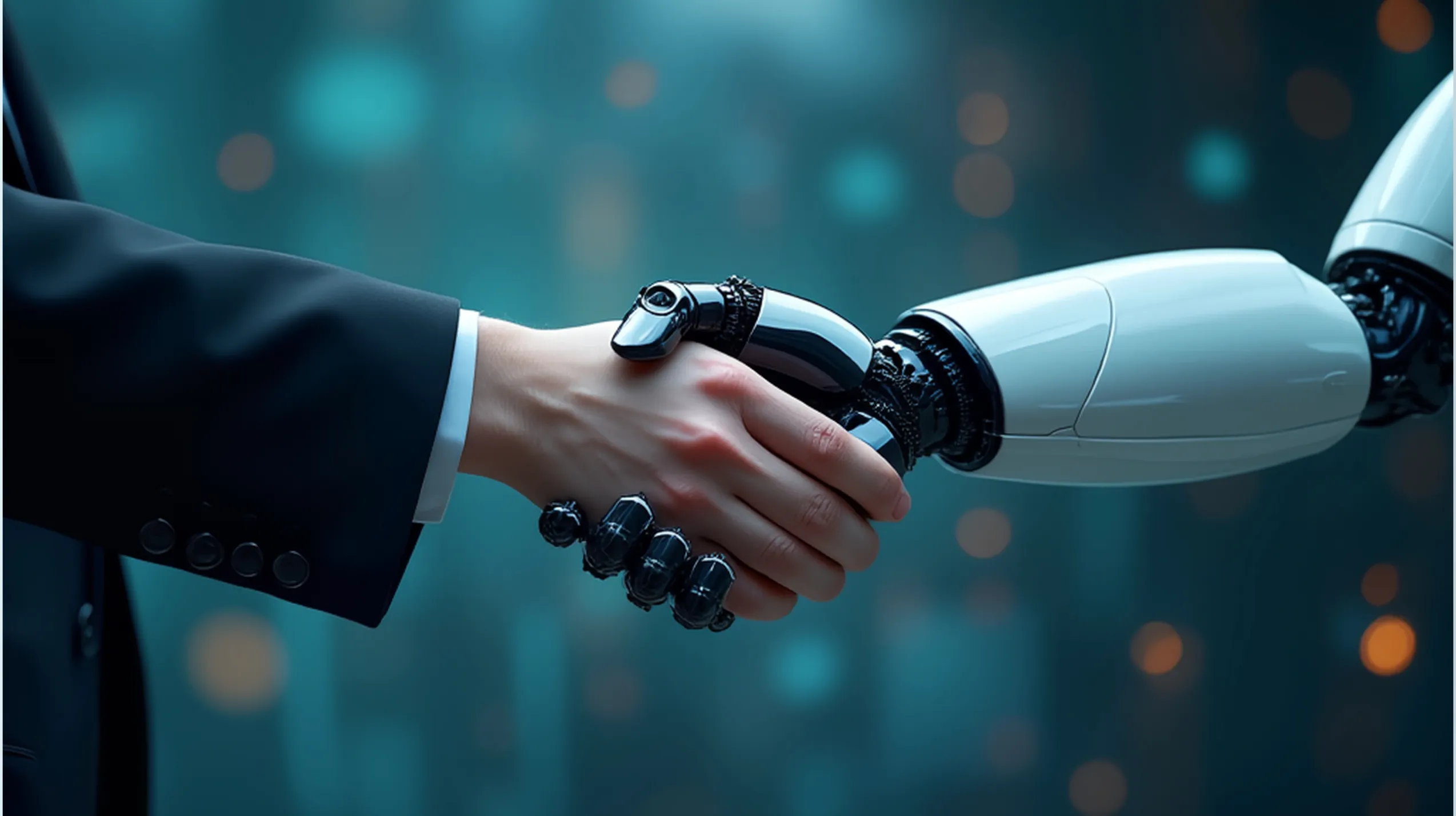 사람과 로봇이 악수하는 장면, 인간과 AI의 협업을 상징하는 이미지