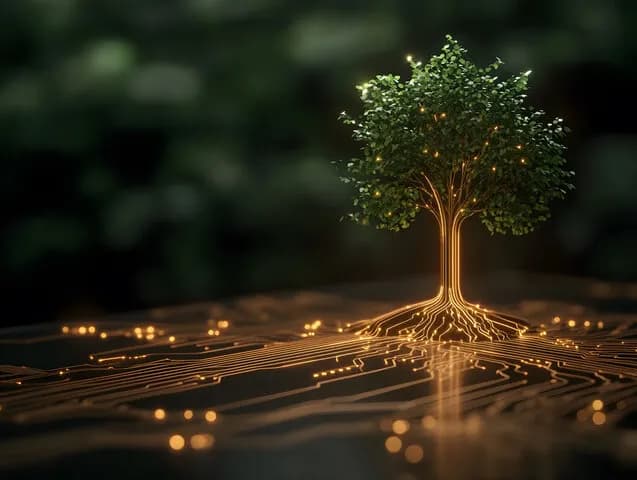나무 뿌리와 SNS 아이콘이 연결된 디지털 성장 그래픽