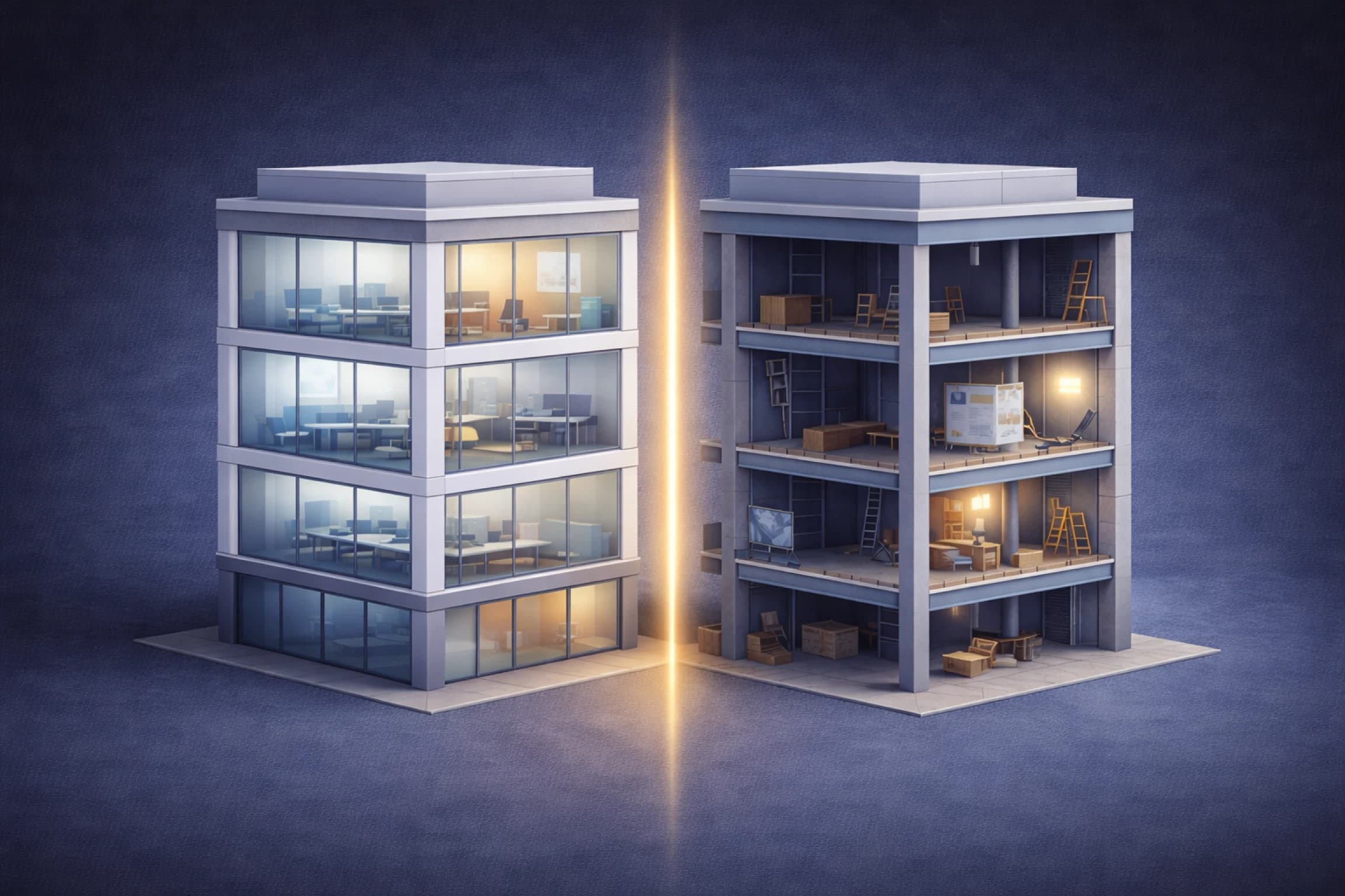 비슷해 보이는 두 개의 홈페이지 결과물과 서로 다른 제작 과정을 대비해 표현한 이미지