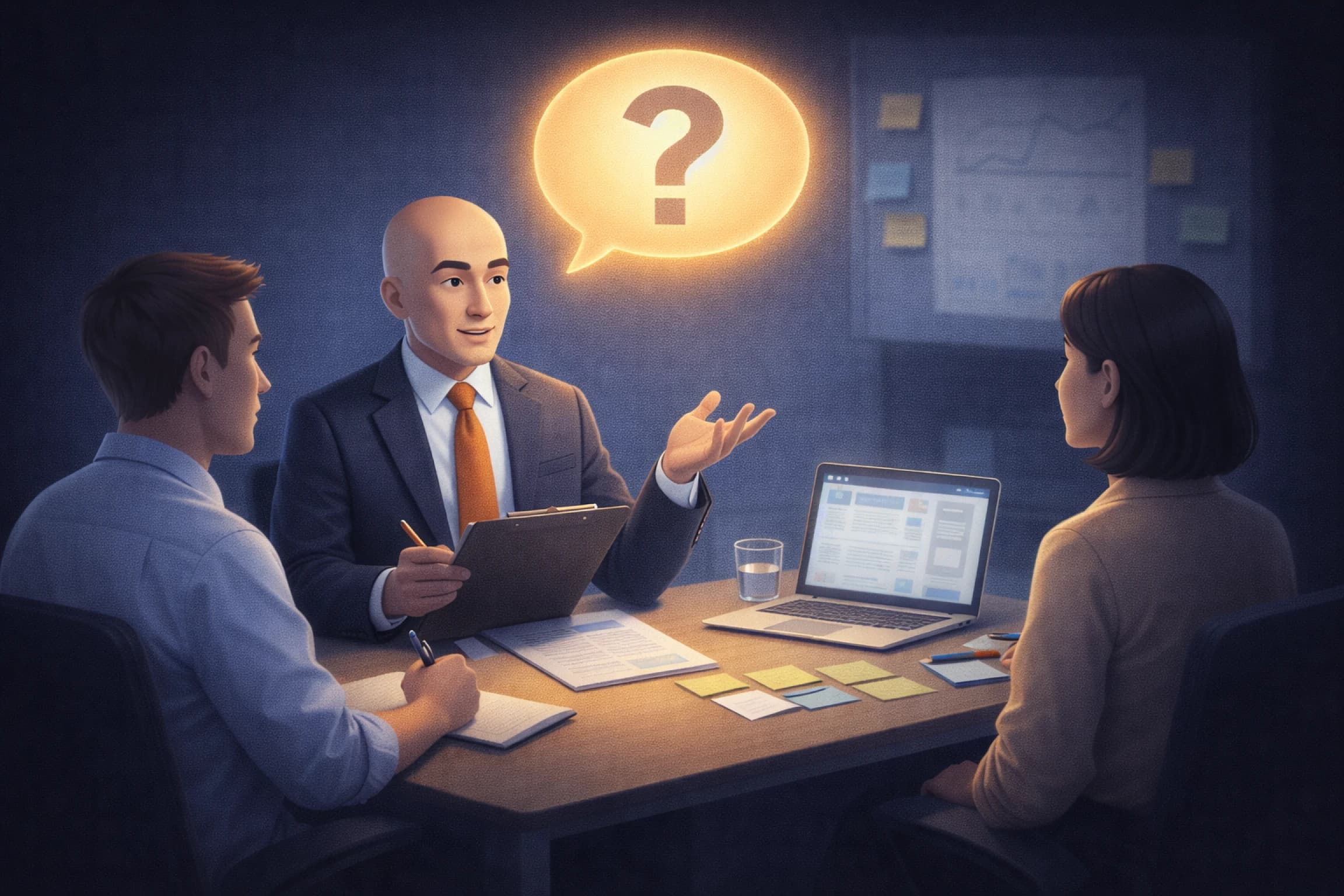 홈페이지 제작 상담 중 기준과 방향을 설명하는 장면을 표현한 이미지