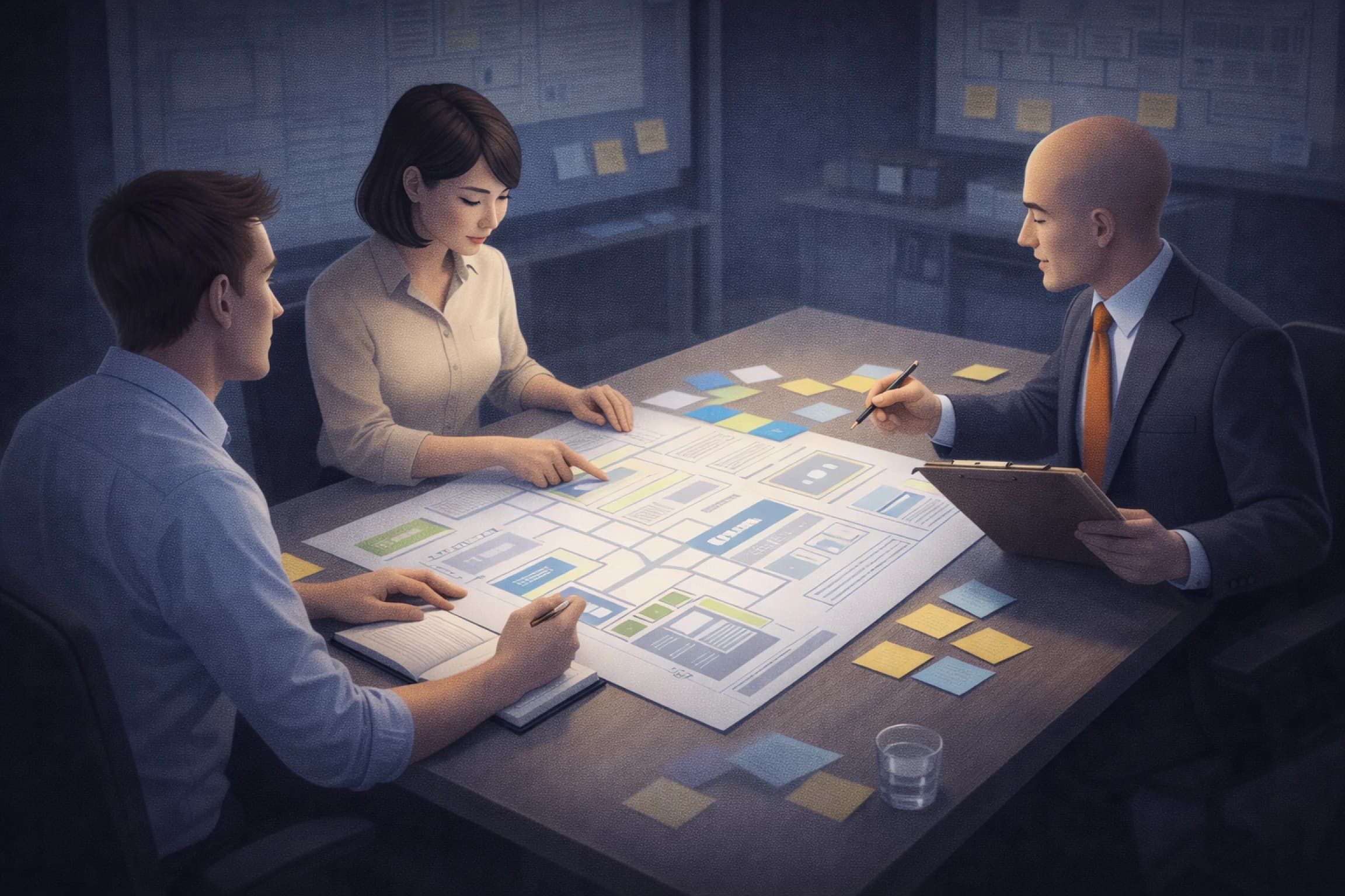 디자인 화면보다 사이트 구조와 흐름을 중심으로 논의하는 장면을 표현한 이미지