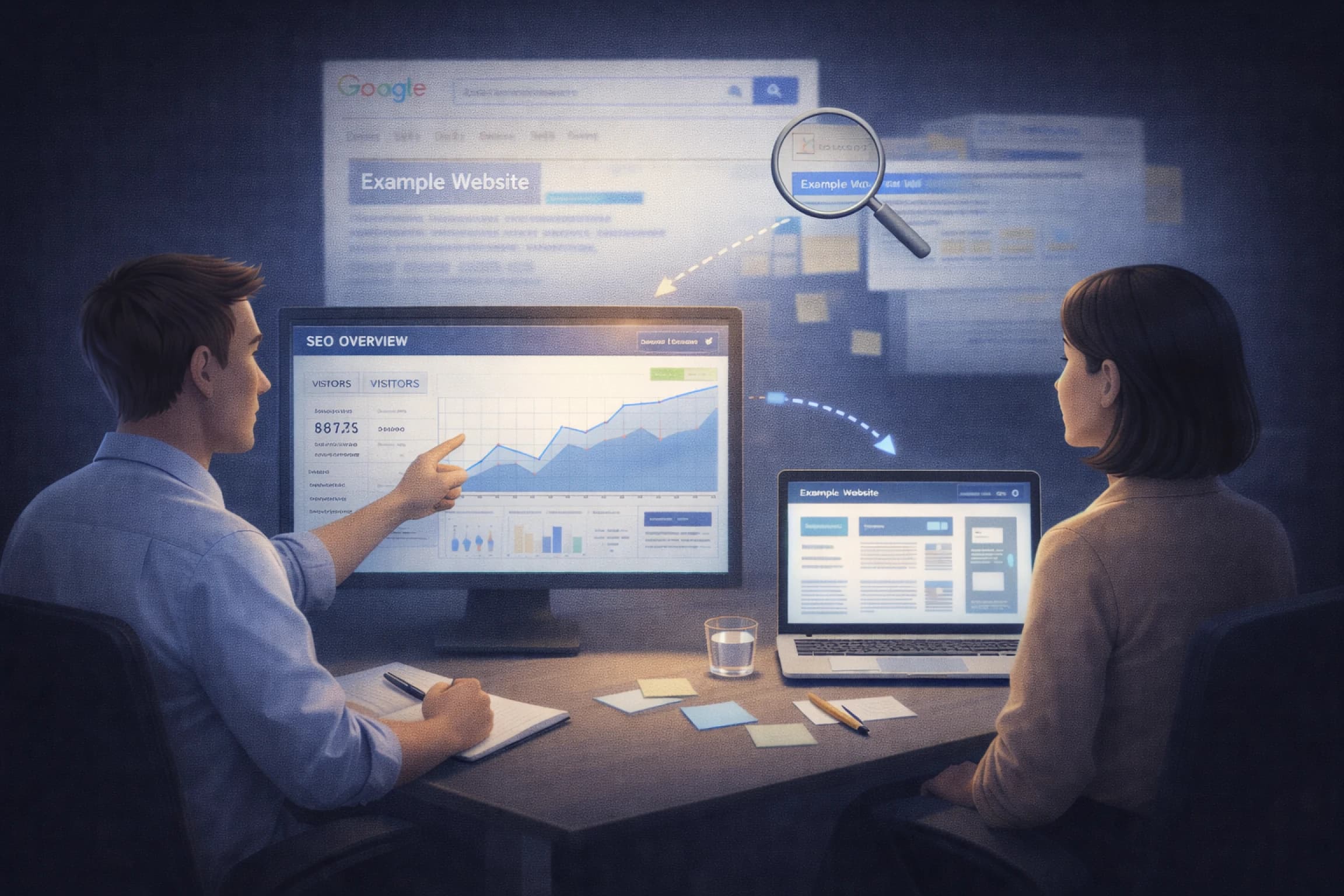 검색 유입 경로와 홈페이지 구조를 함께 검토하는 모습을 표현한 이미지