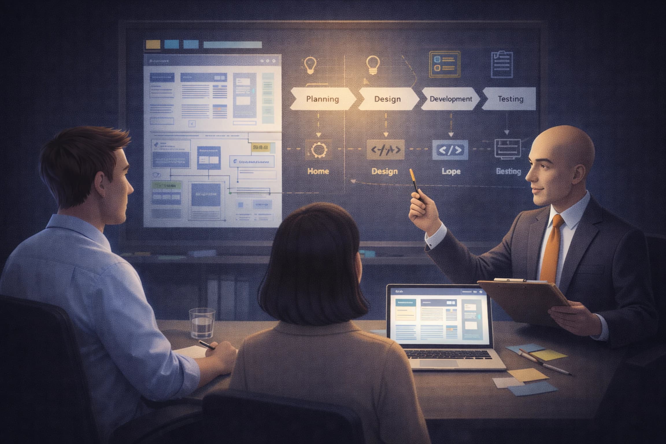 홈페이지 제작 과정을 단계별로 설명하는 장면을 표현한 이미지