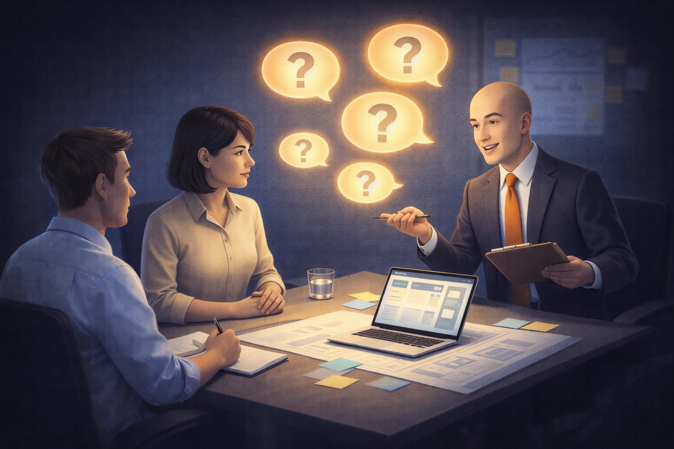 홈페이지 목적과 고객을 질문하며 논의하는 상담 장면을 표현한 이미지