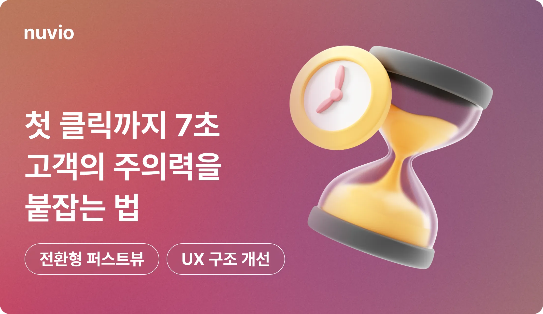 첫 클릭까지 7초 — 고객의 주의력을 붙잡는 법, 시선과 스톱워치를 상징한 그래픽