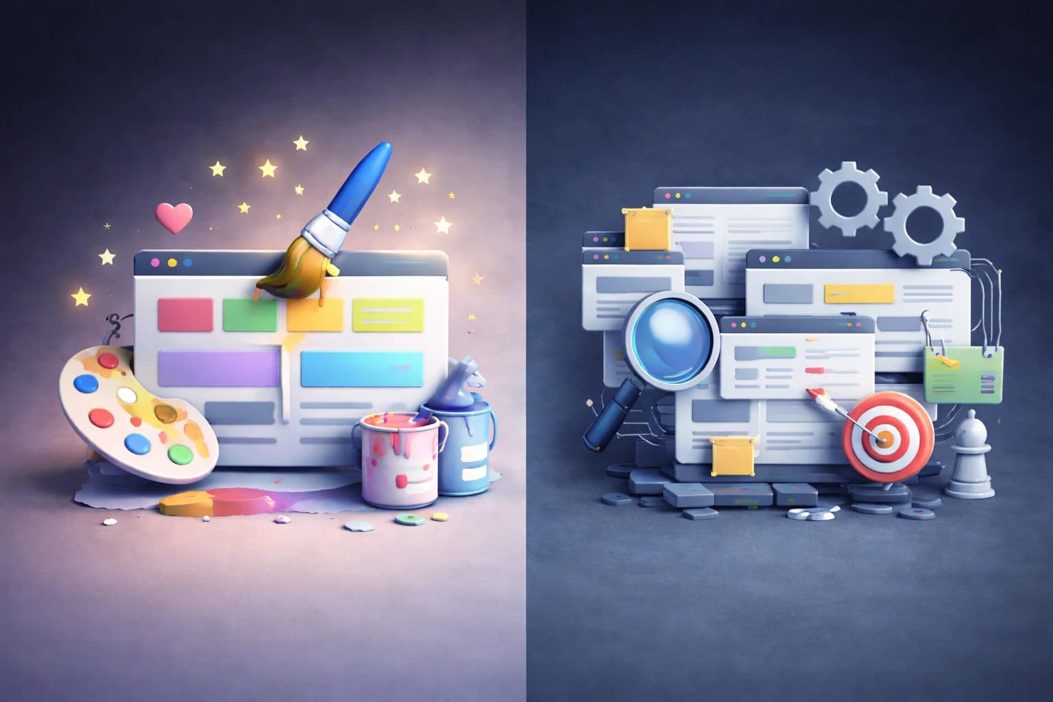 디자인 중심 홈페이지와 구조 중심 홈페이지를 대비한 3D 일러스트