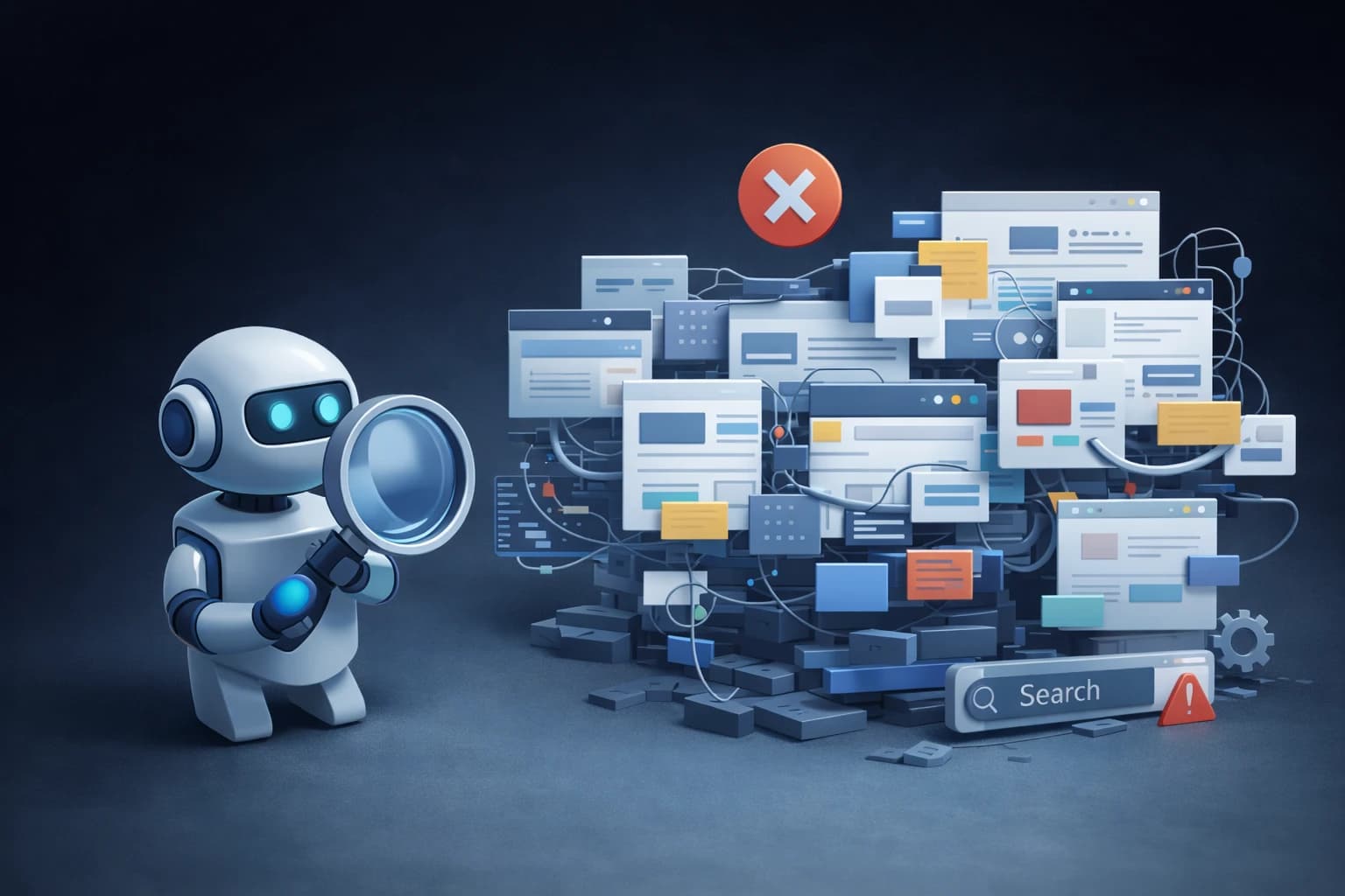 SEO를 고려하지 않아 검색 노출이 되지 않는 홈페이지를 표현한 이미지