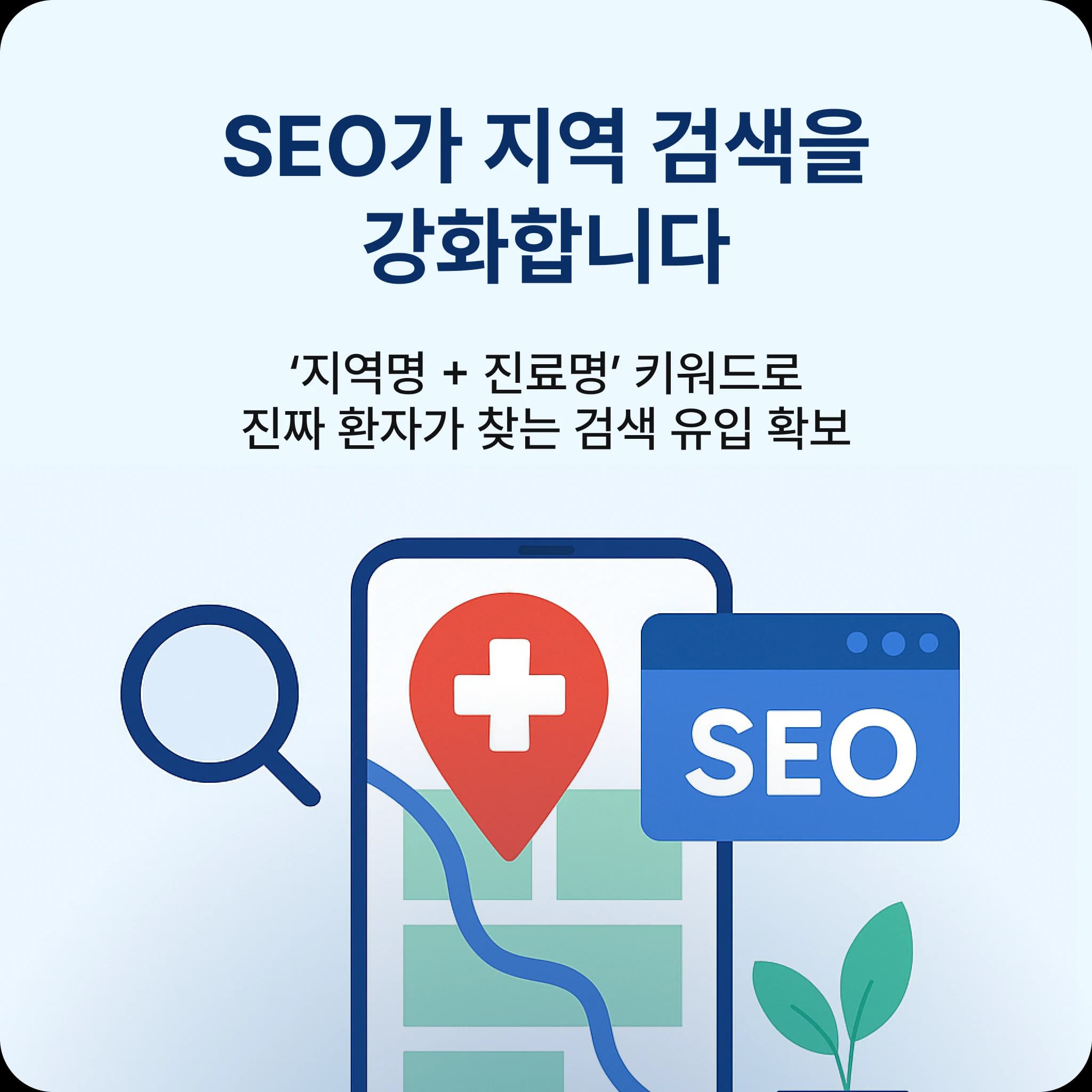 지역 기반 SEO가 병원 홈페이지 경쟁력을 높여주는 구조 설명 인포그래픽