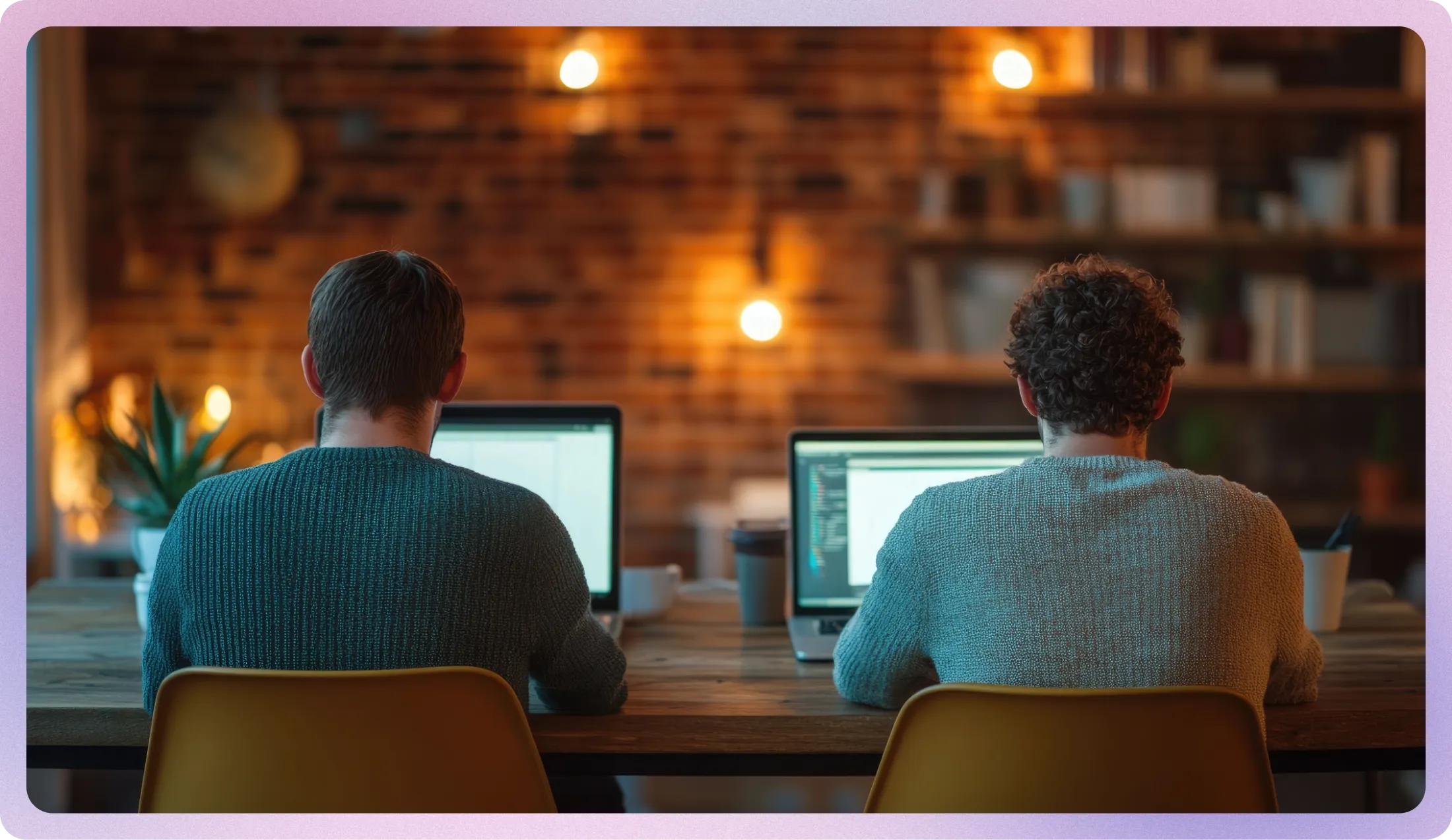 밤늦게 사무실에서 노트북으로 작업 중인 직원 두 명의 모습