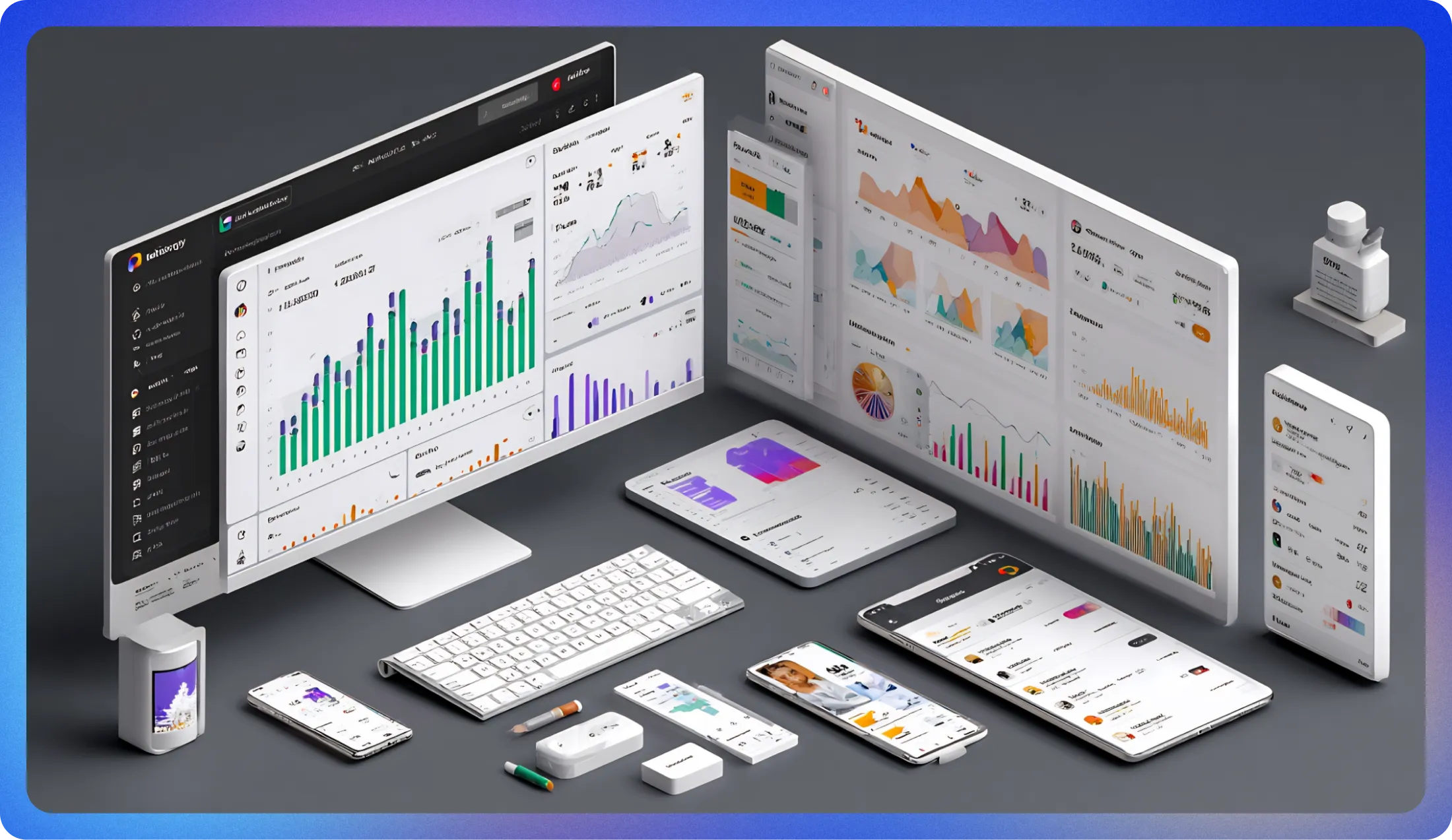 다양한 디지털 기기 화면에 표시된 데이터 분석 대시보드와 그래프 시각화 화면