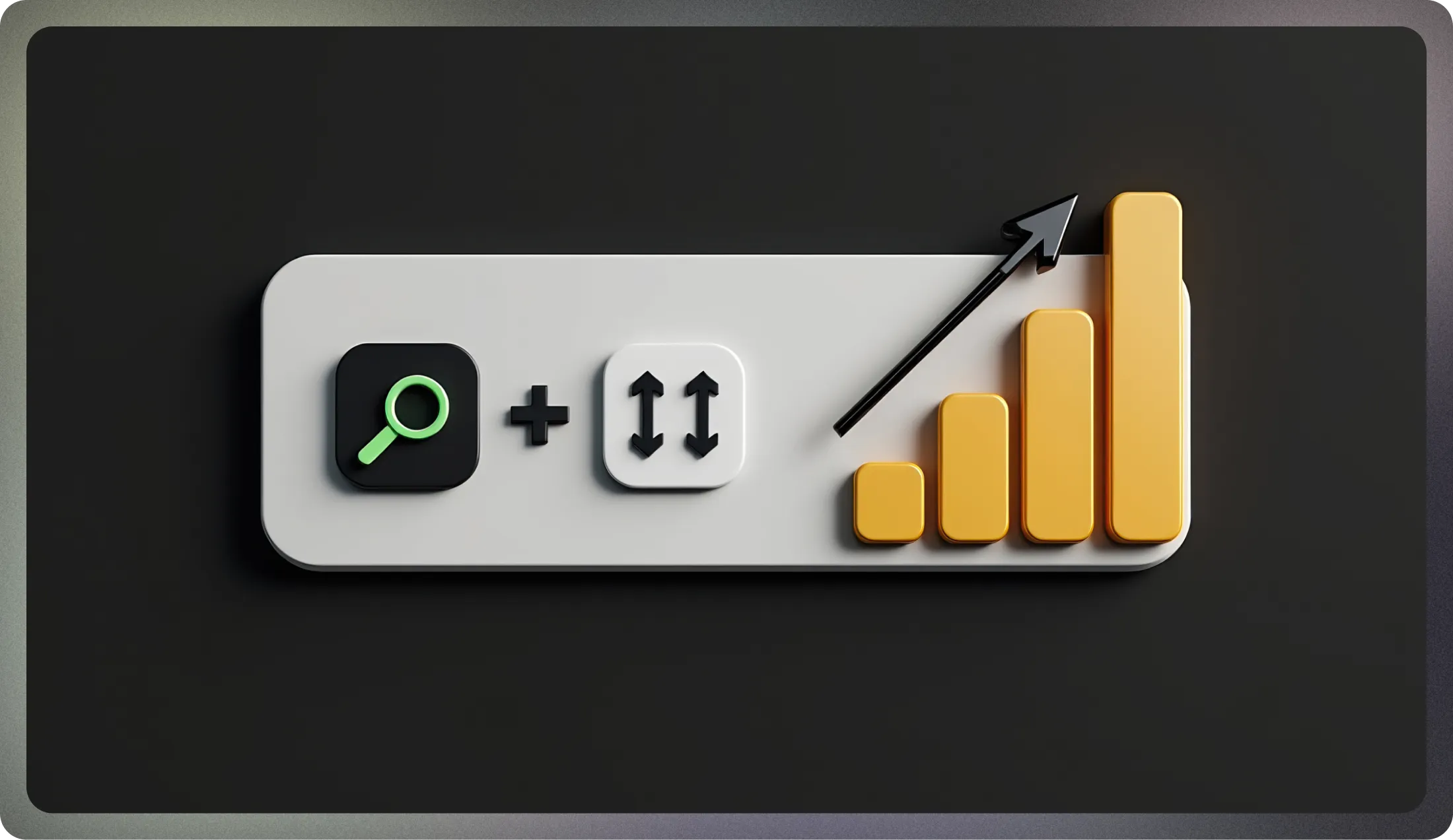 검색 아이콘과 상승 그래프 아이콘이 결합된 3D 일러스트, SEO와 성장의 관계를 상징하는 이미지