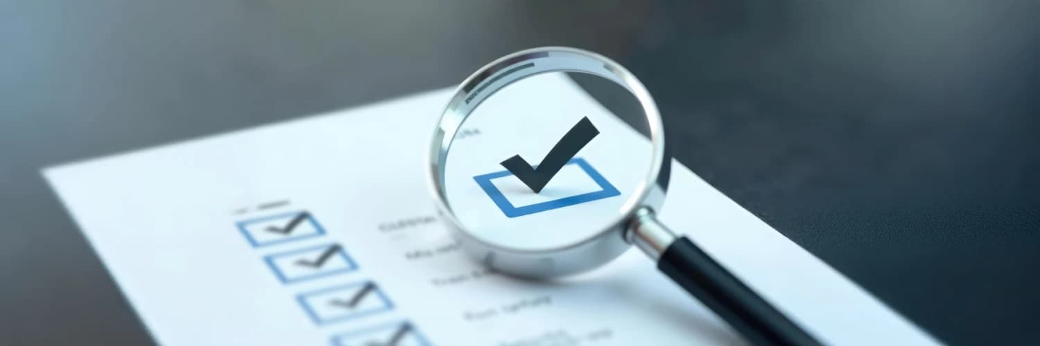 확대경으로 체크리스트를 확인하며 홈페이지 모바일 최적화 상태를 점검하는 장면