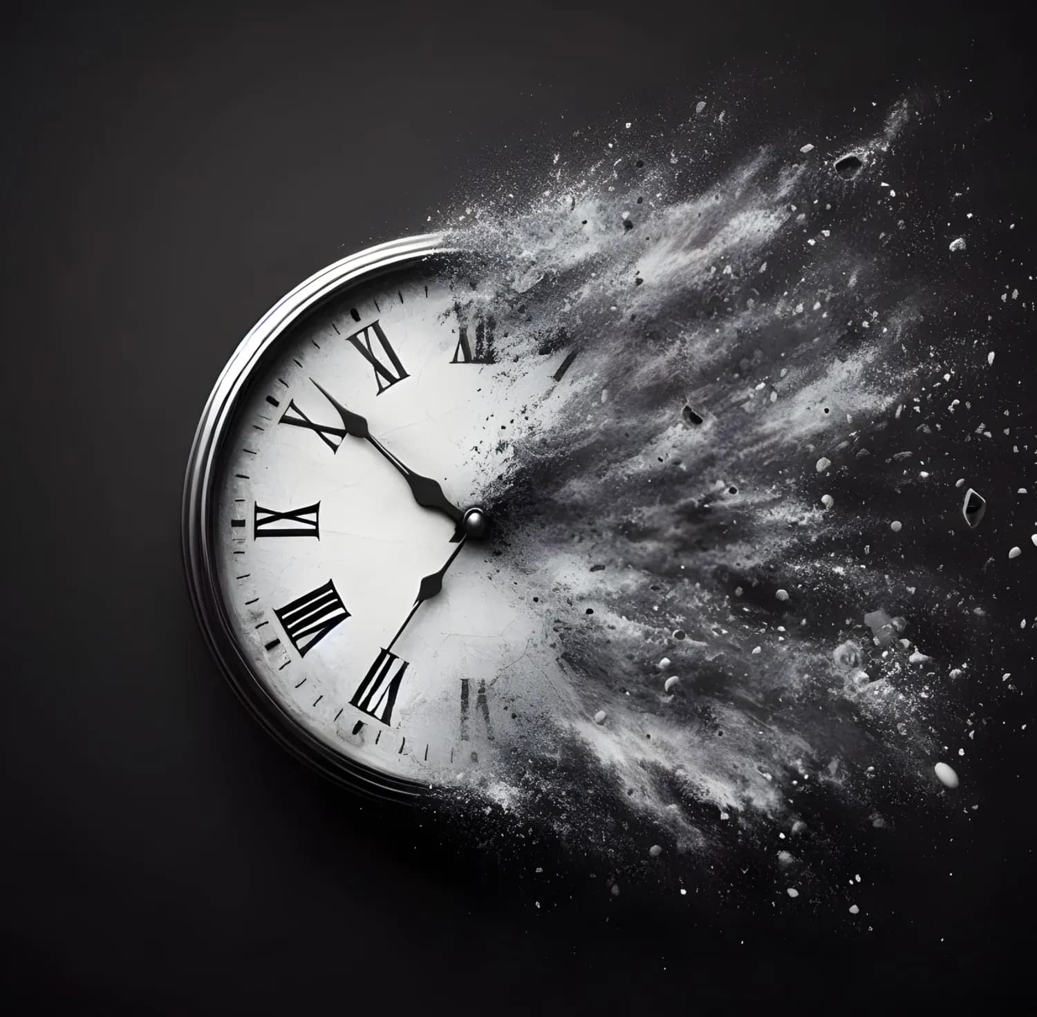 시계를 상징적으로 표현한 이미지, 시간이 흩어지는 장면