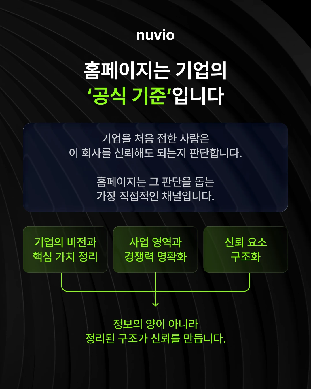 기업 비전과 사업 영역이 체계적으로 정리된 홈페이지 화면