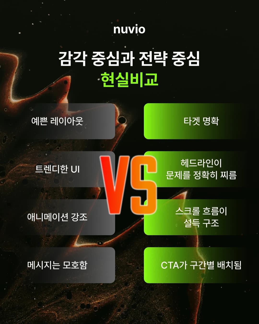 감각 중심과 전략 중심 랜딩페이지의 차이를 상징하는 이미지