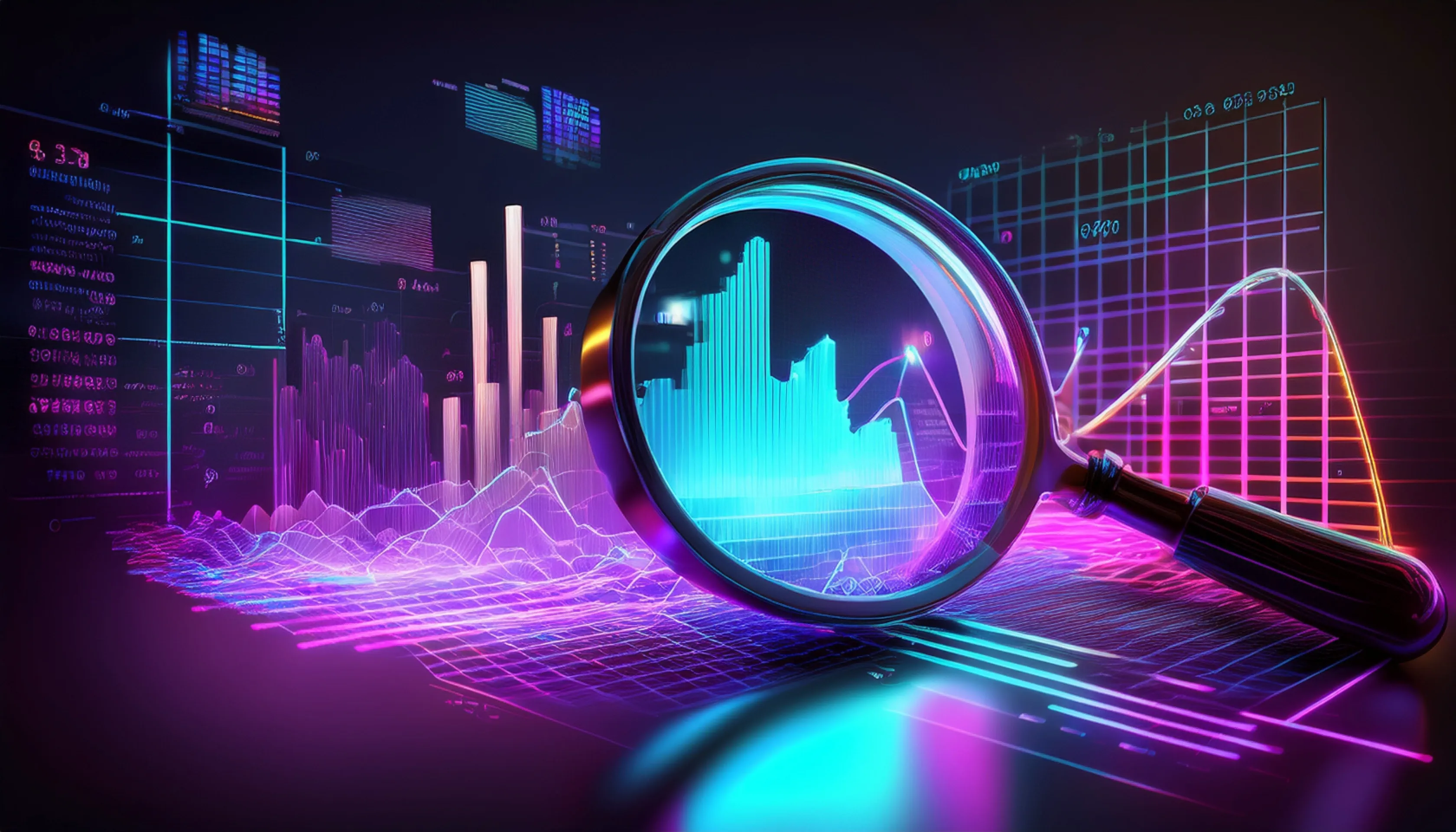 돋보기로 웹사이트 분석 데이터를 확대해보는 장면, 전환율과 SEO 성과를 시각화한 그래프 이미지