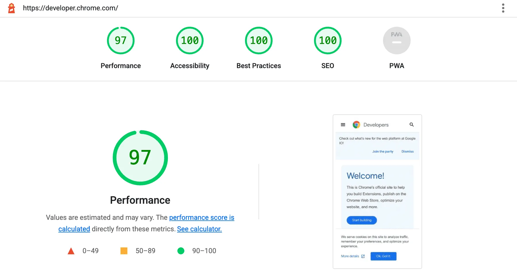 Google Lighthouse를 통해 웹사이트의 모바일 성능과 SEO 품질을 측정하는 화면