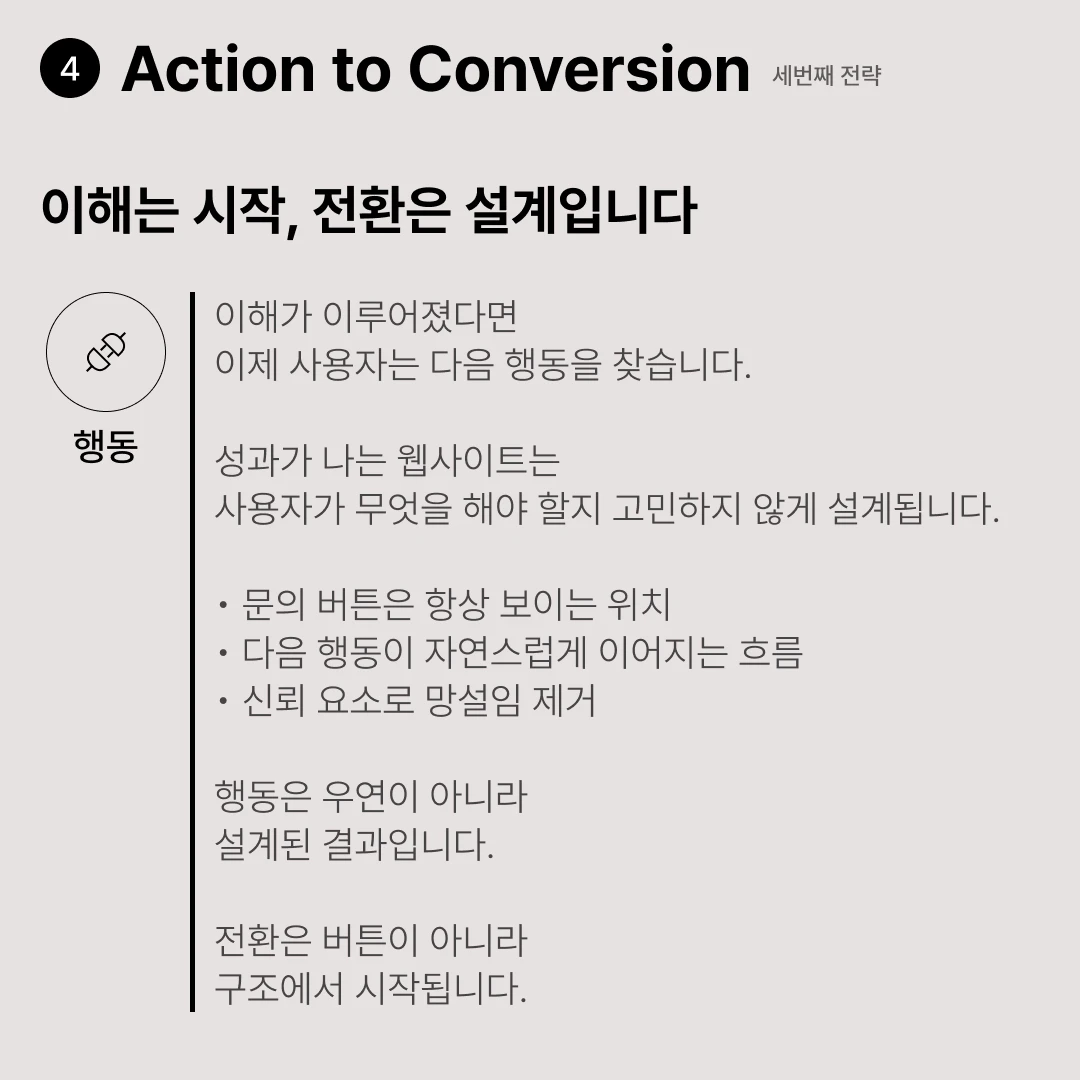 사용자의 이해가 행동과 전환으로 이어지는 웹사이트 흐름을 시각화한 이미지