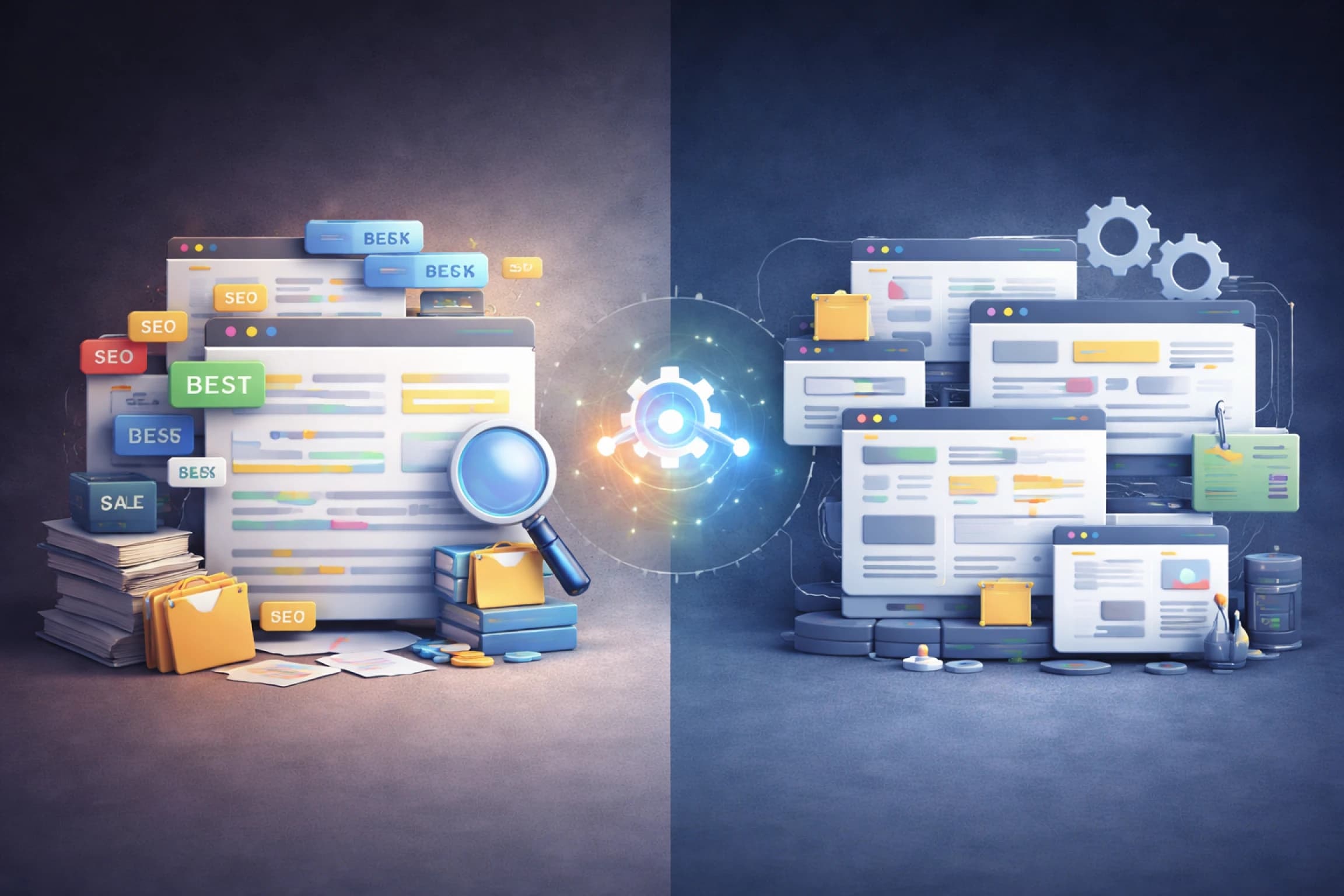 검색엔진이 단순 페이지가 아닌 구조와 의도를 분석하는 개념 이미지