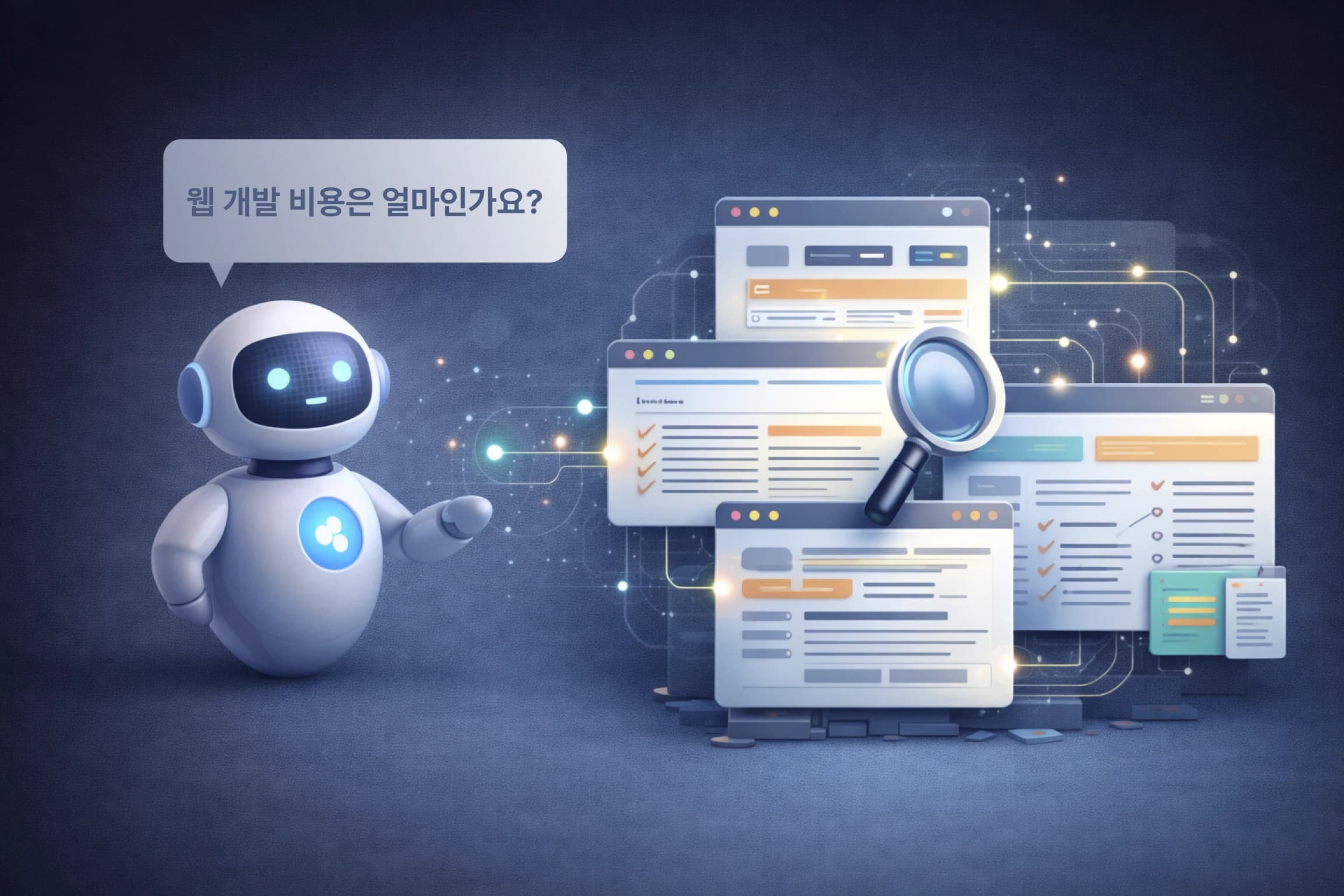 AI가 질문을 분석하고 답변 콘텐츠를 선택하는 AEO 개념 이미지