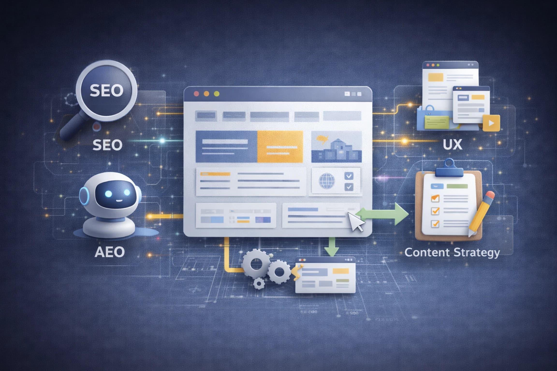 검색 구조와 전환 흐름이 통합된 홈페이지 설계를 표현한 이미지