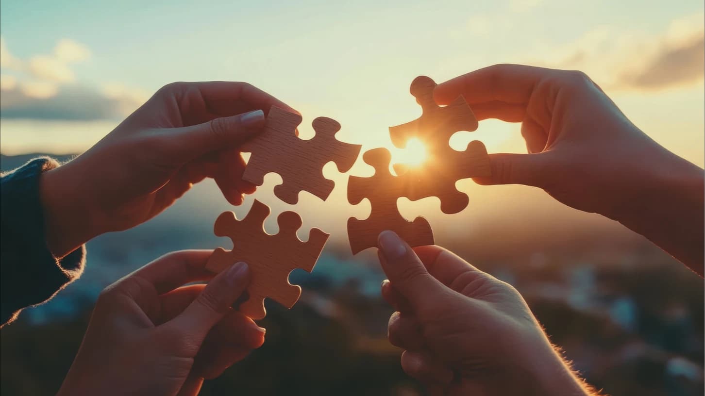퍼즐 조각을 맞추는 손들의 클로즈업